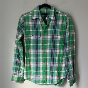 Ralph Lauren Women’s Blue Green Plaid Casual Button Down 100% Cotton Shirt, sz 6